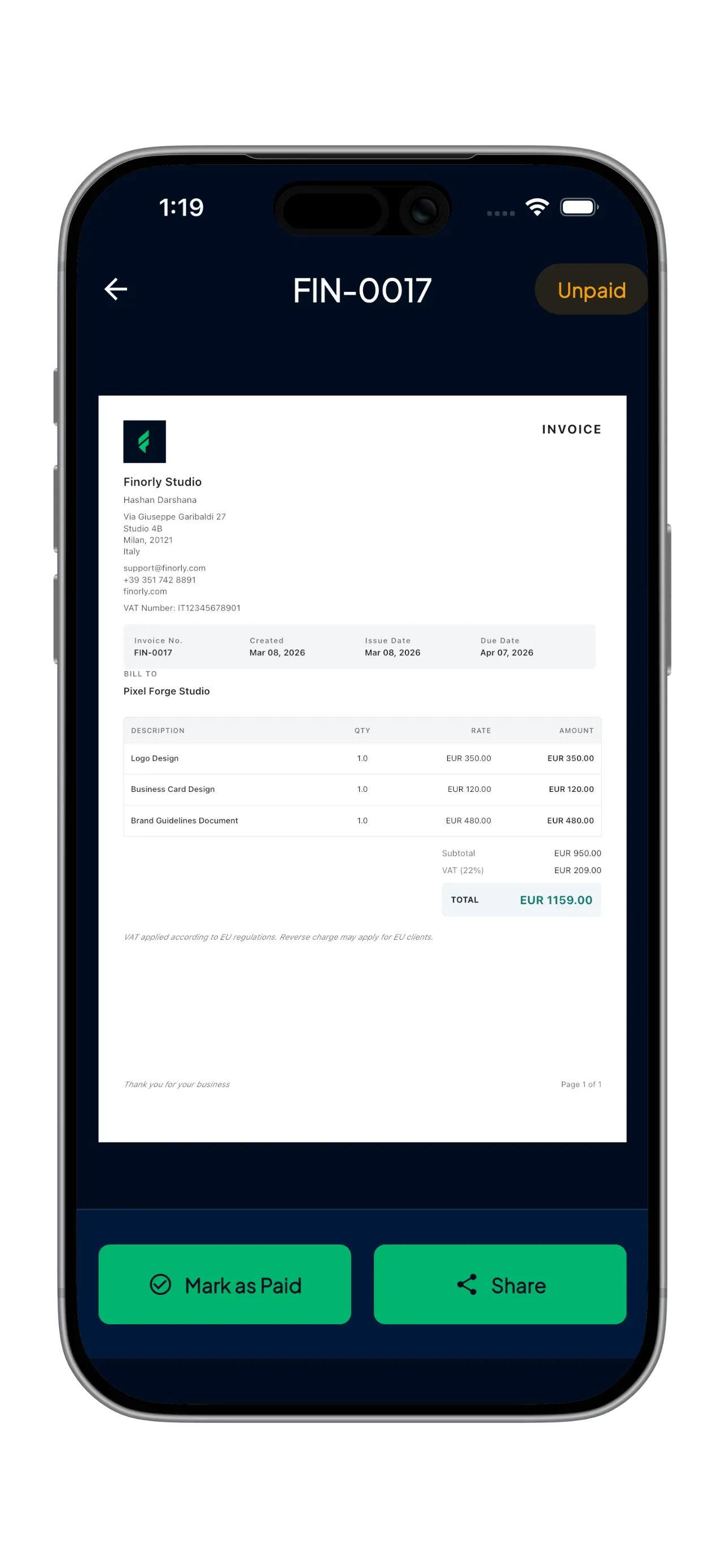 Invoice preview screen in Finorly AI Invoice Maker