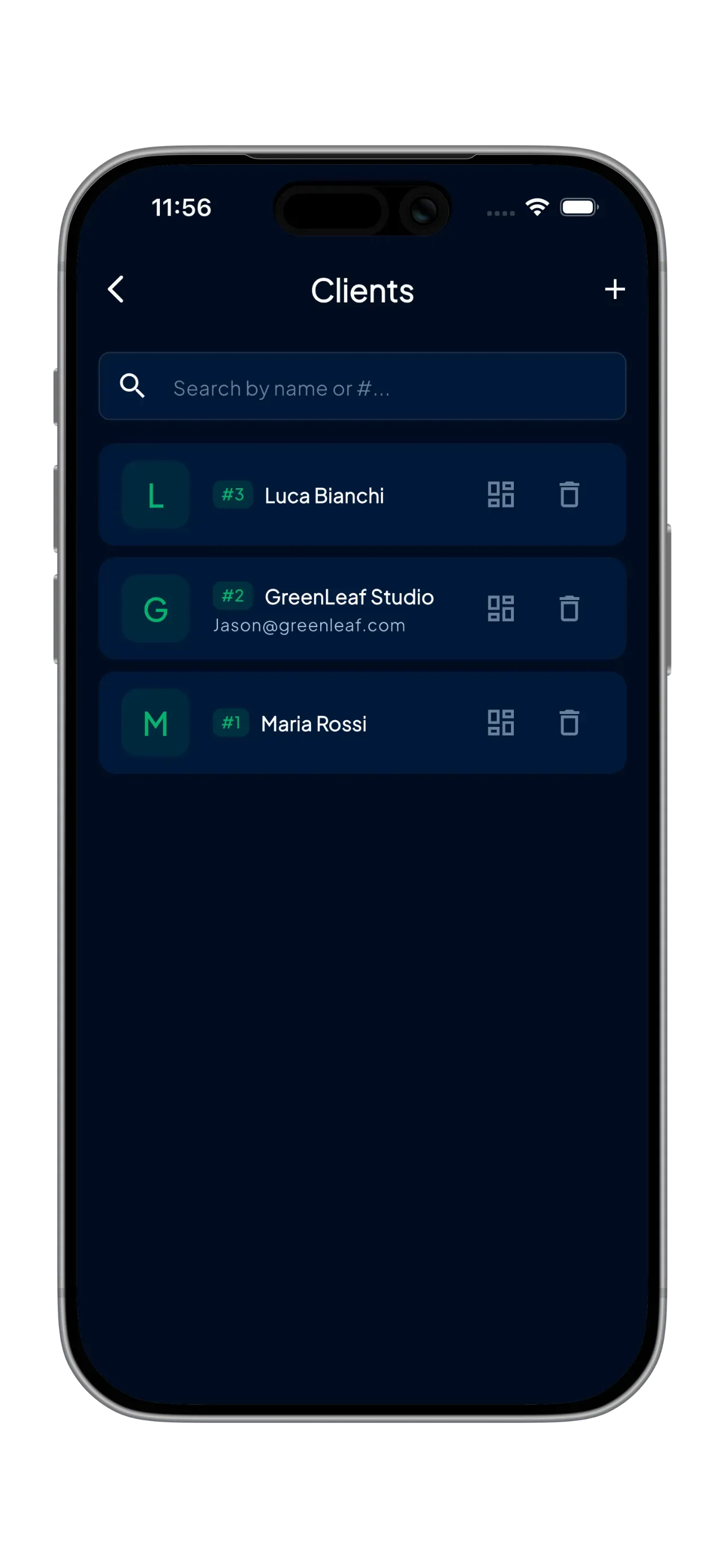 Client management screen in Finorly AI Invoice Maker
