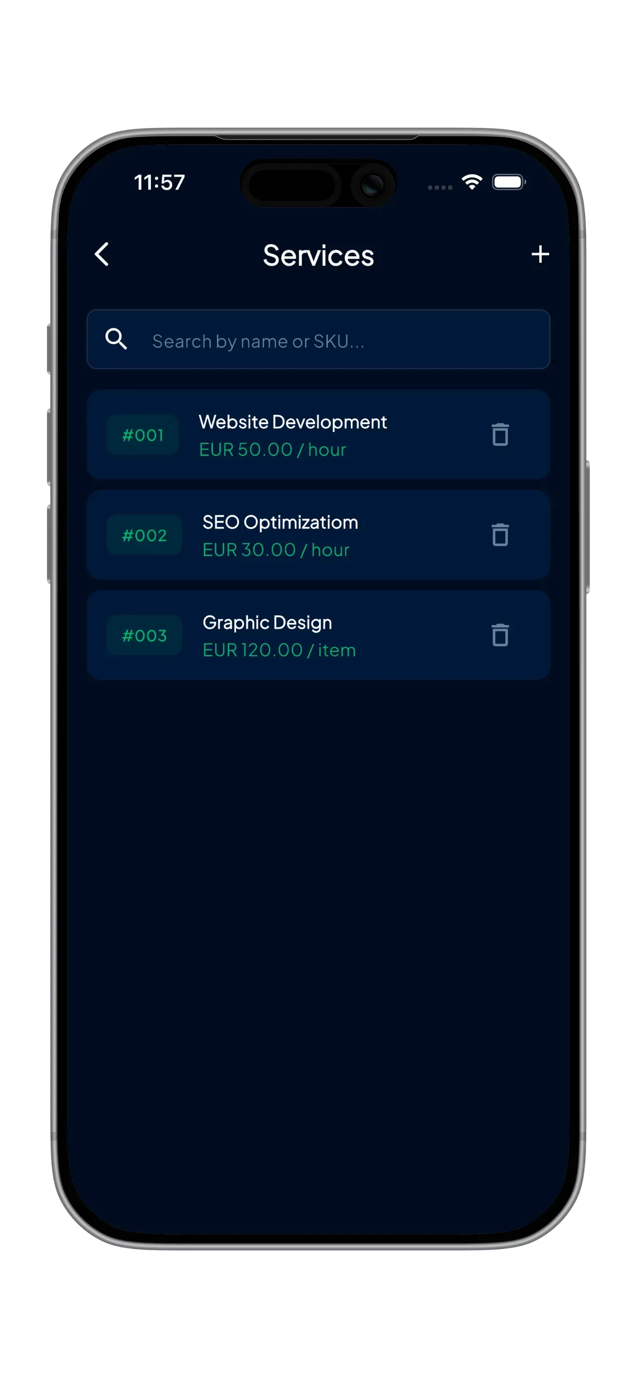 Service management screen in Finorly AI Invoice Maker
