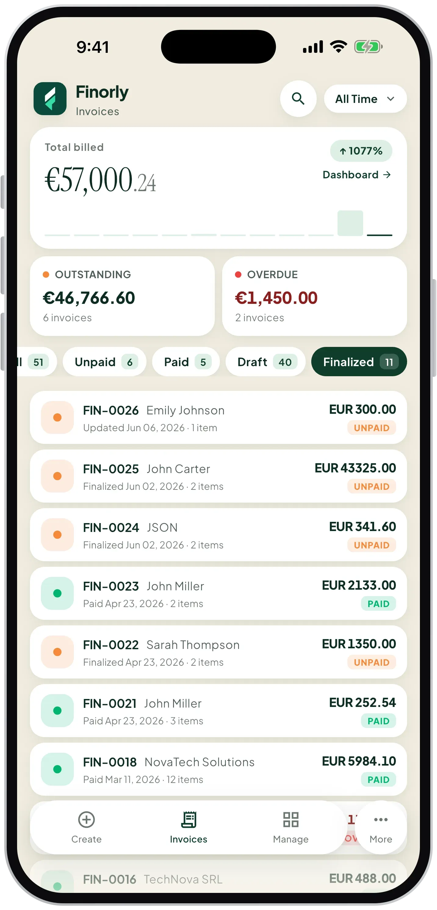 Invoice list with payment statuses in Finorly AI Invoice Maker