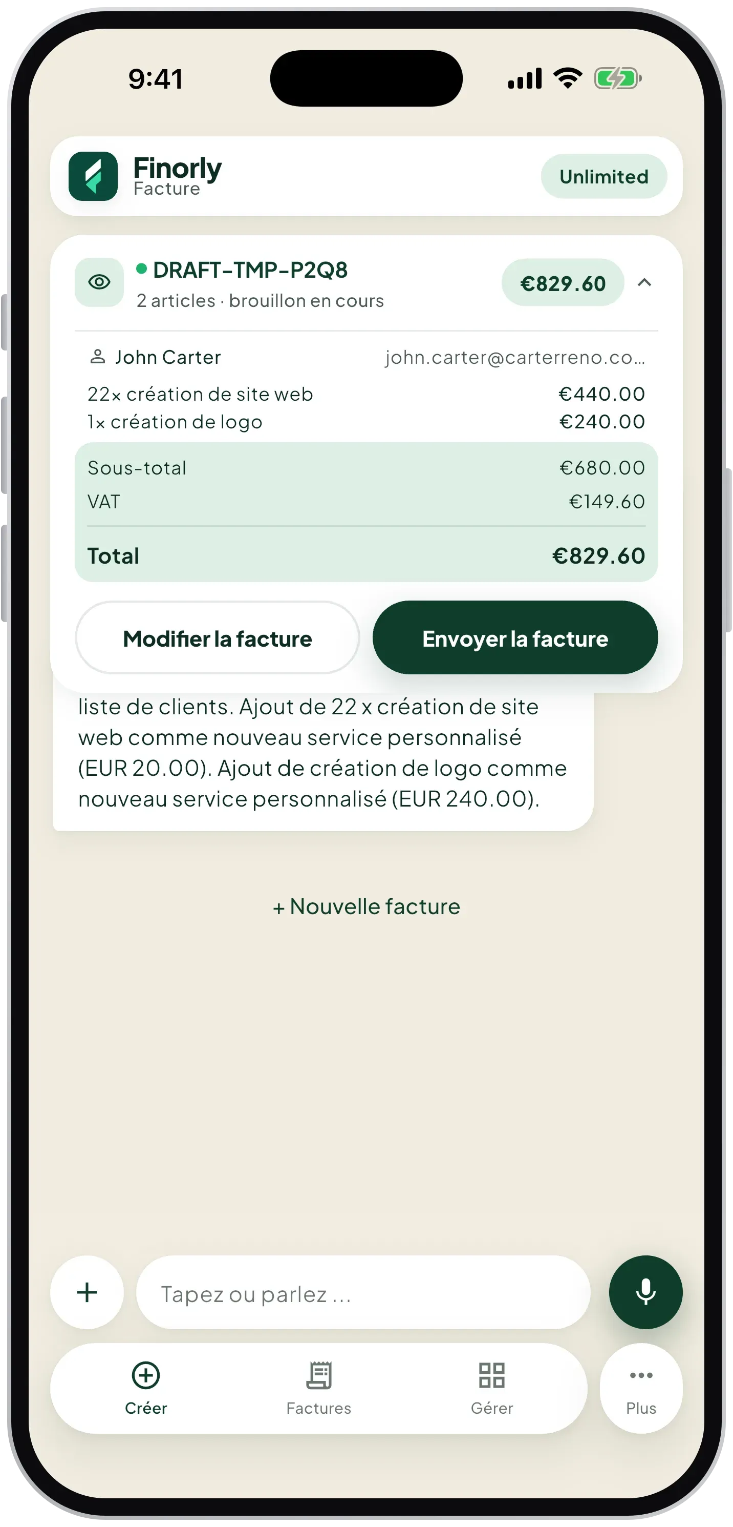 AI-generated invoice draft ready to edit or send in Finorly AI Invoice Maker