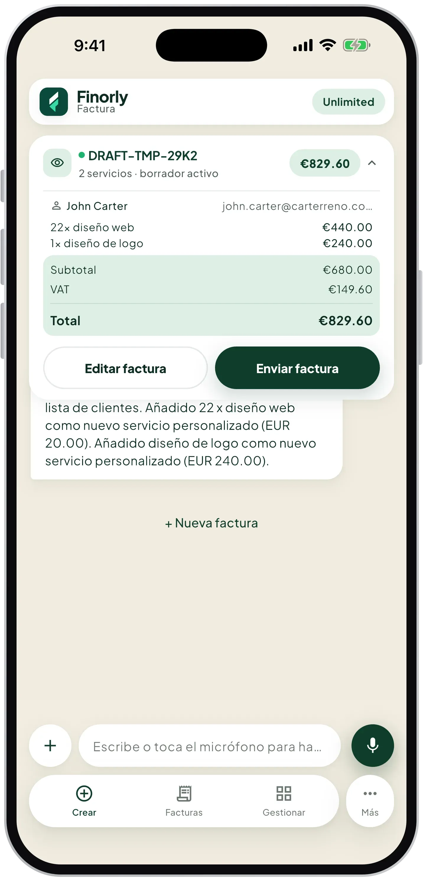 AI-generated invoice draft ready to edit or send in Finorly AI Invoice Maker