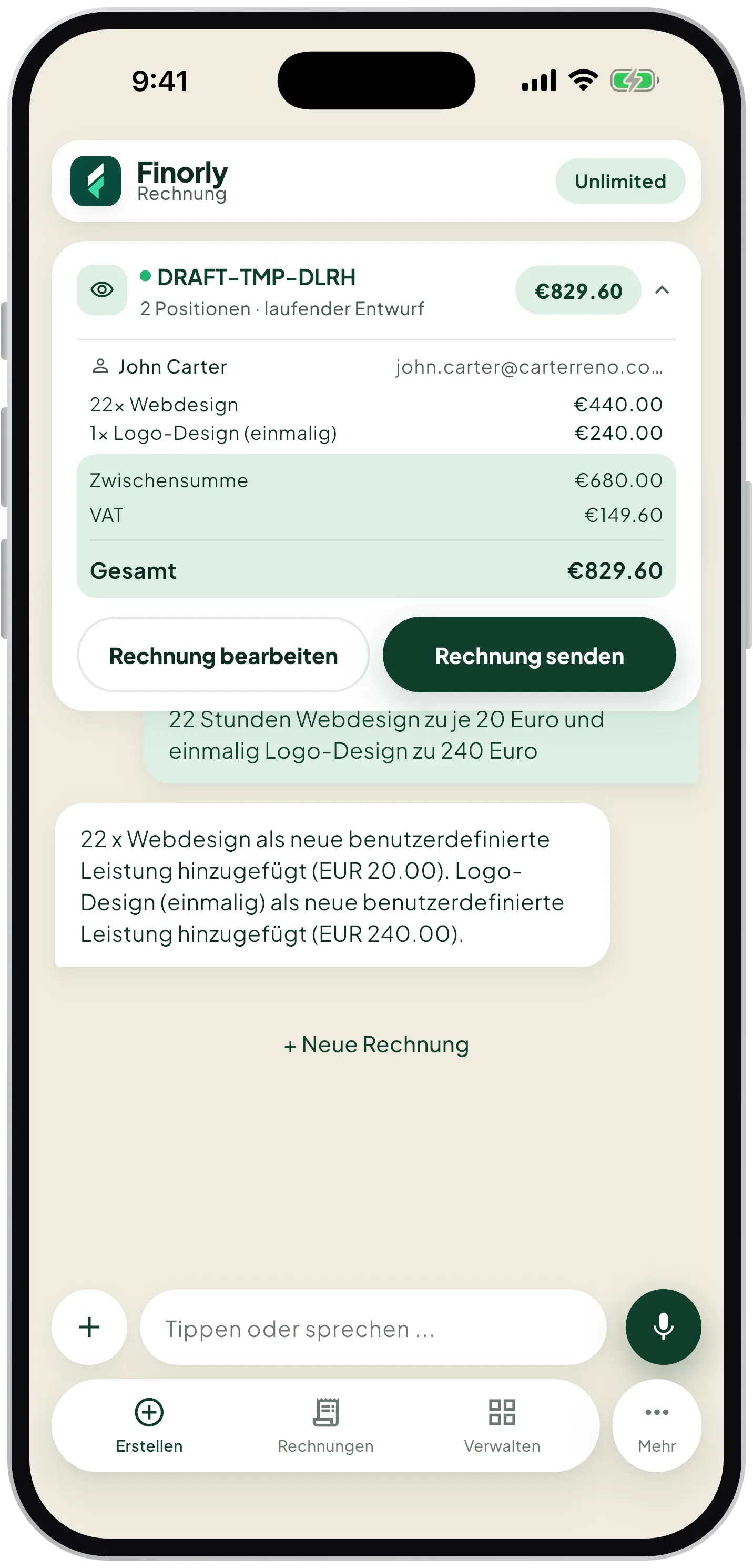 AI-generated invoice draft ready to edit or send in Finorly AI Invoice Maker