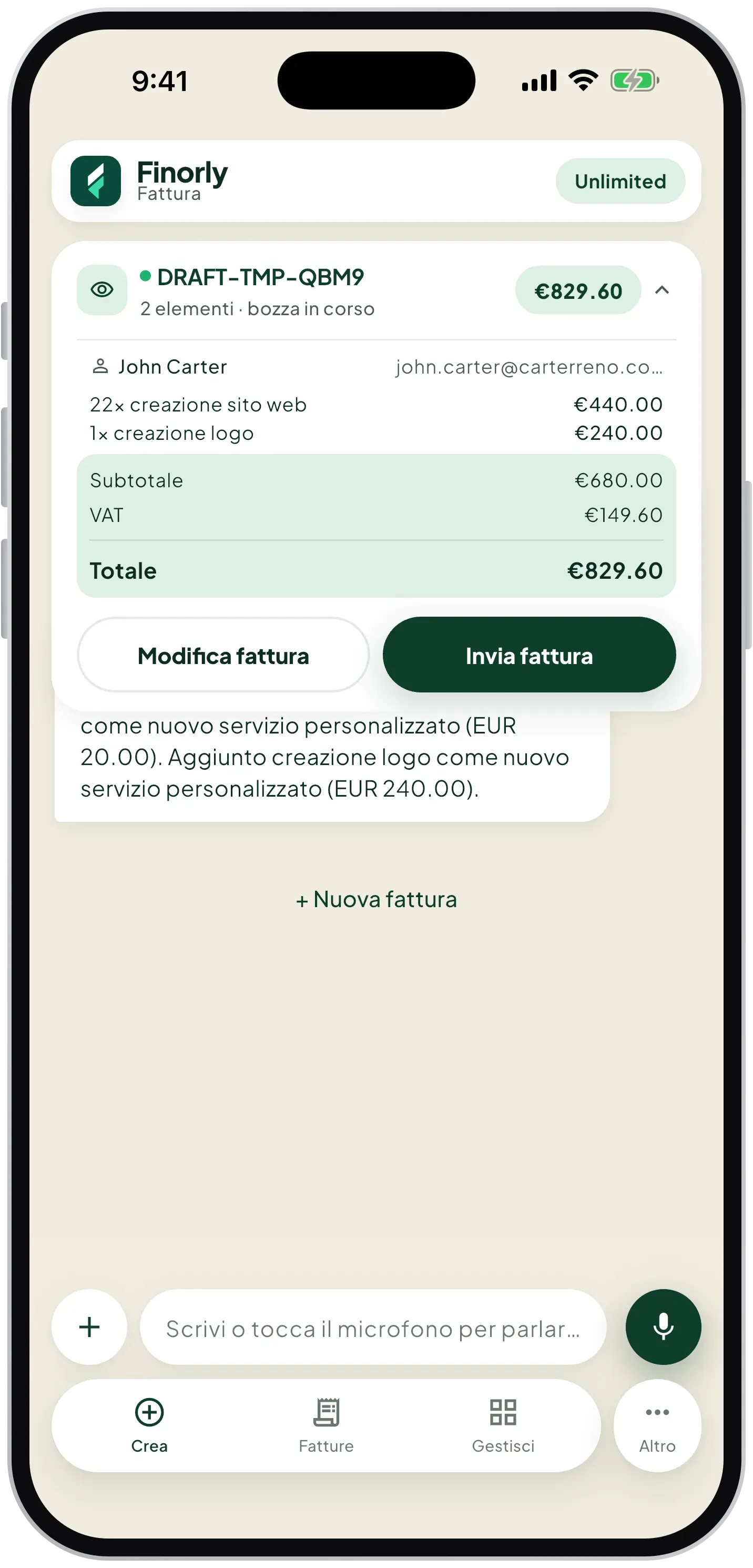 AI-generated invoice draft ready to edit or send in Finorly AI Invoice Maker