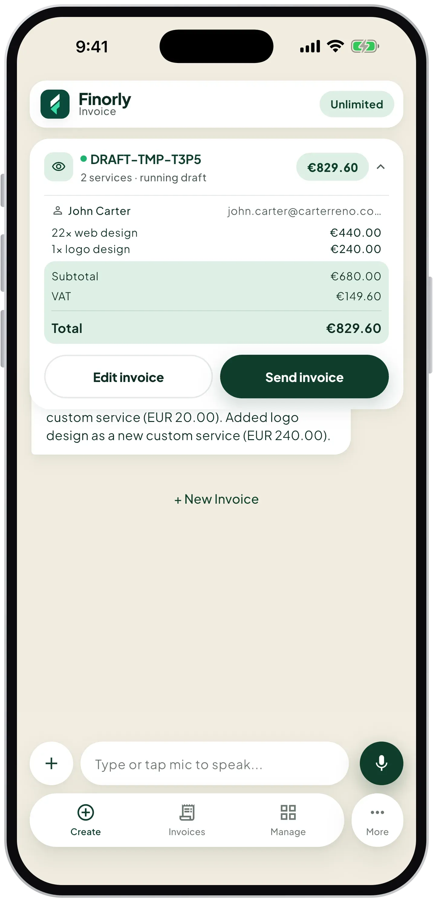 AI-generated invoice draft ready to edit or send in Finorly AI Invoice Maker