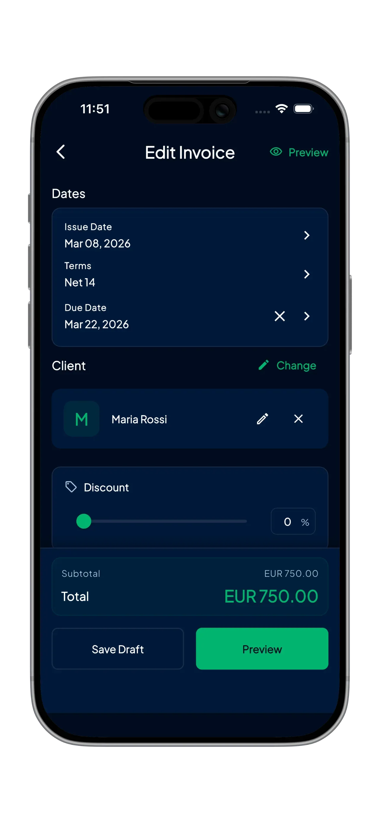 Draft invoice editor in Finorly AI Invoice Maker