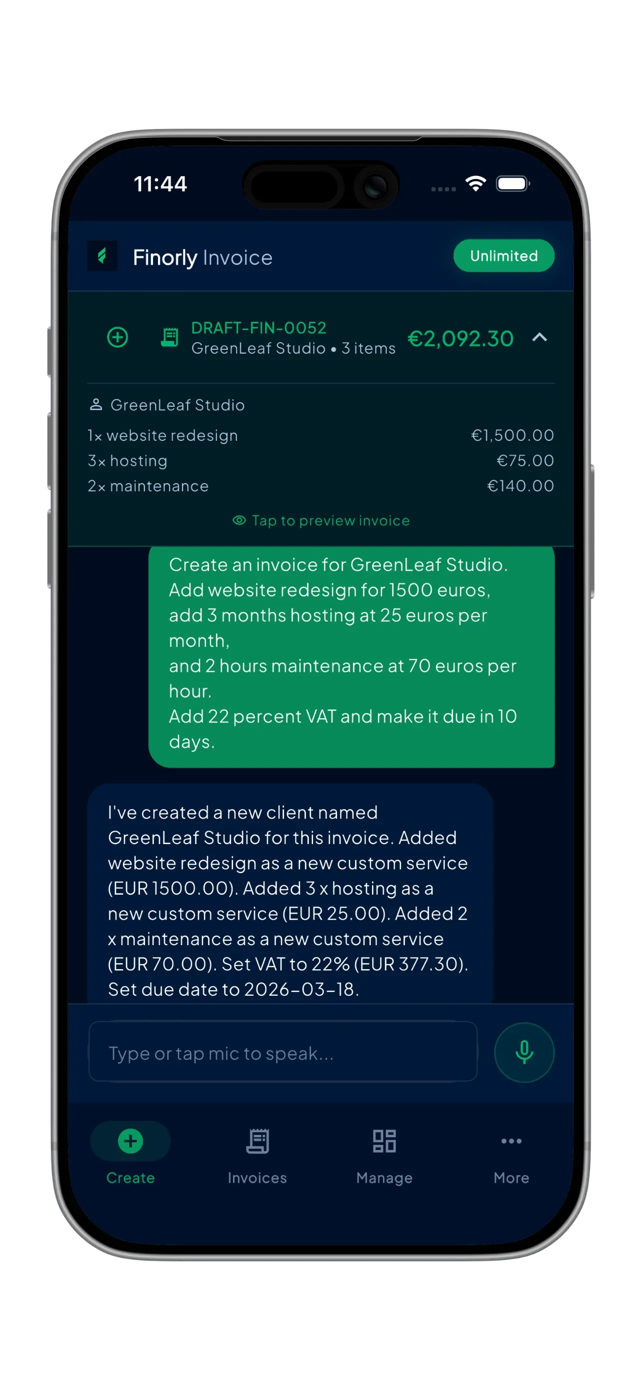 Finorly AI Invoice Maker mobile app home screen