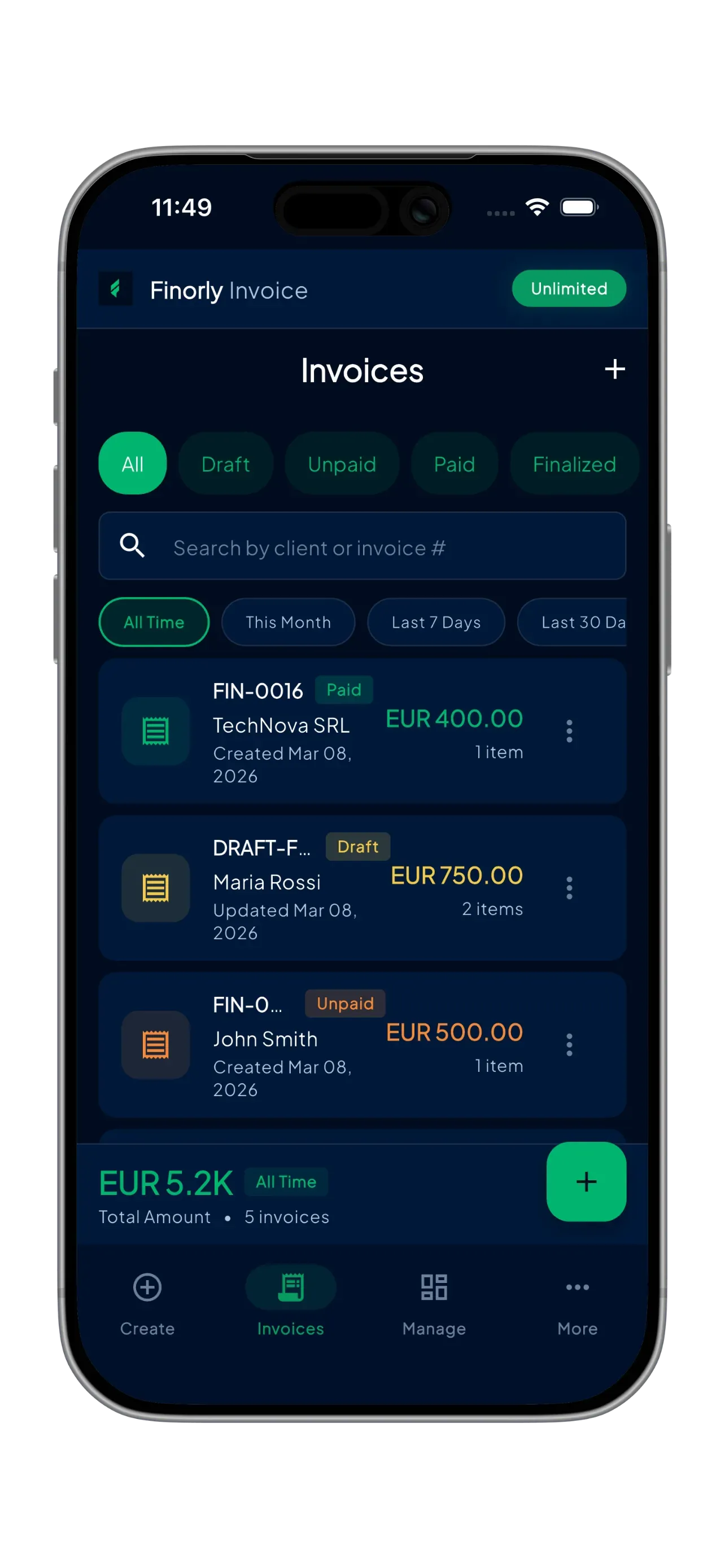 Invoice list in Finorly AI Invoice Maker