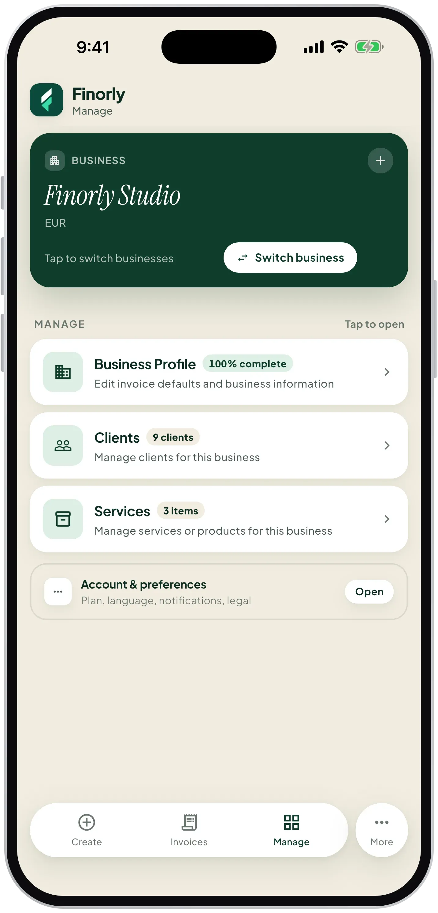 Business, client, and service management hub in Finorly AI Invoice Maker