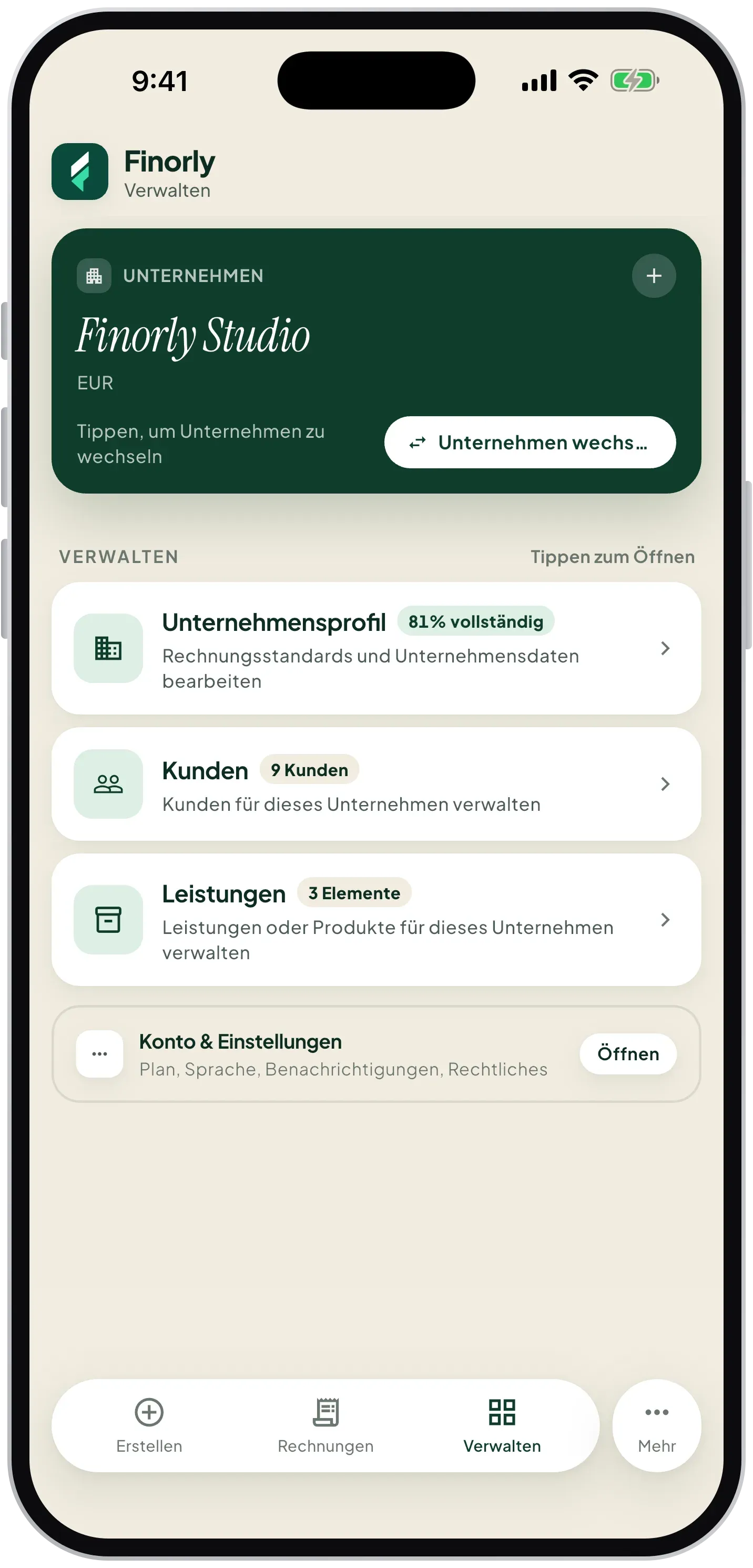 Business, client, and service management hub in Finorly AI Invoice Maker