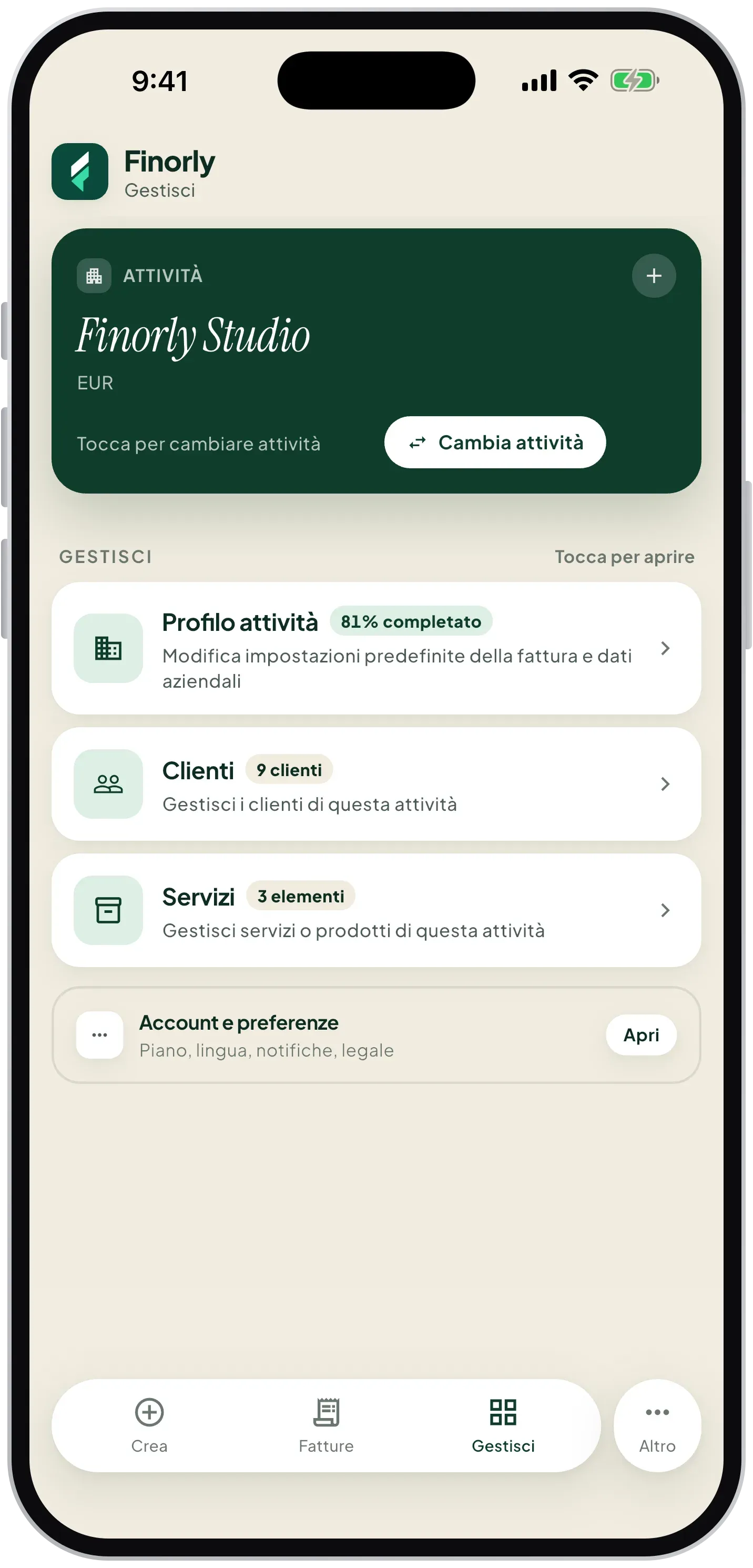 Business, client, and service management hub in Finorly AI Invoice Maker