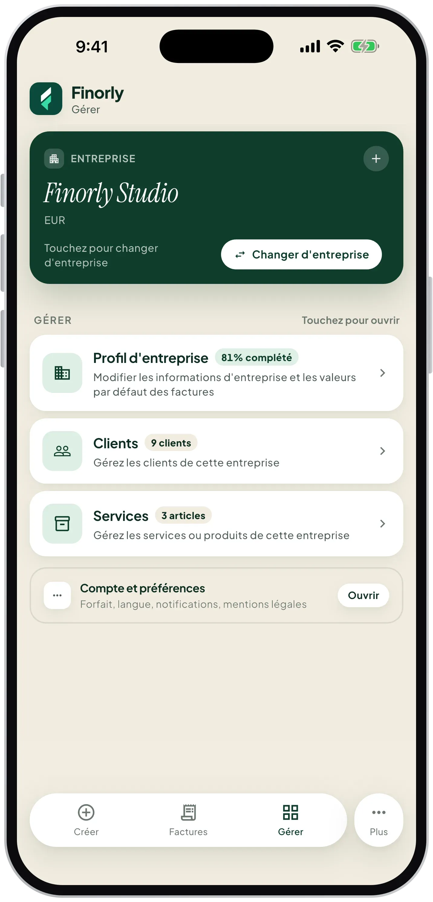 Business, client, and service management hub in Finorly AI Invoice Maker