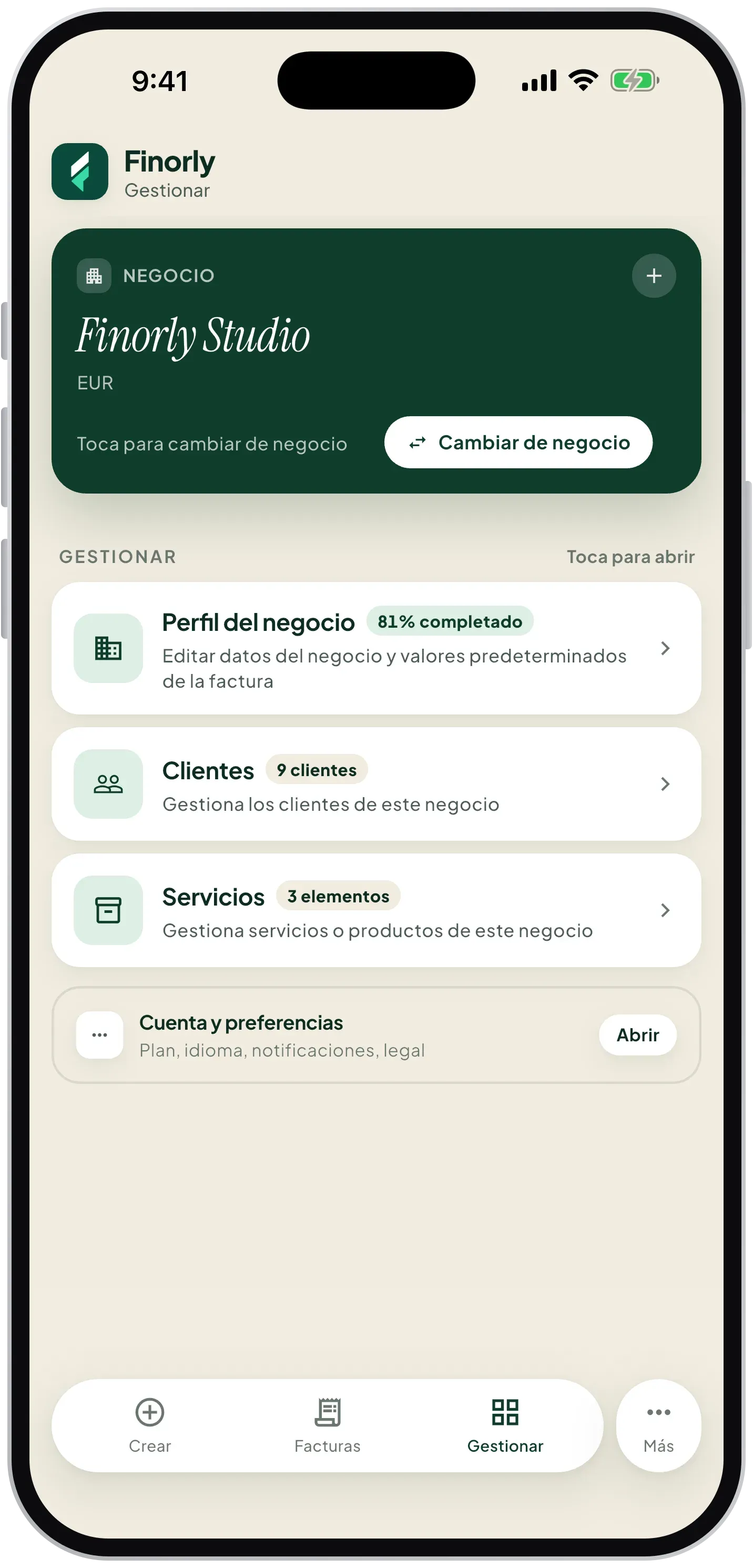 Business, client, and service management hub in Finorly AI Invoice Maker