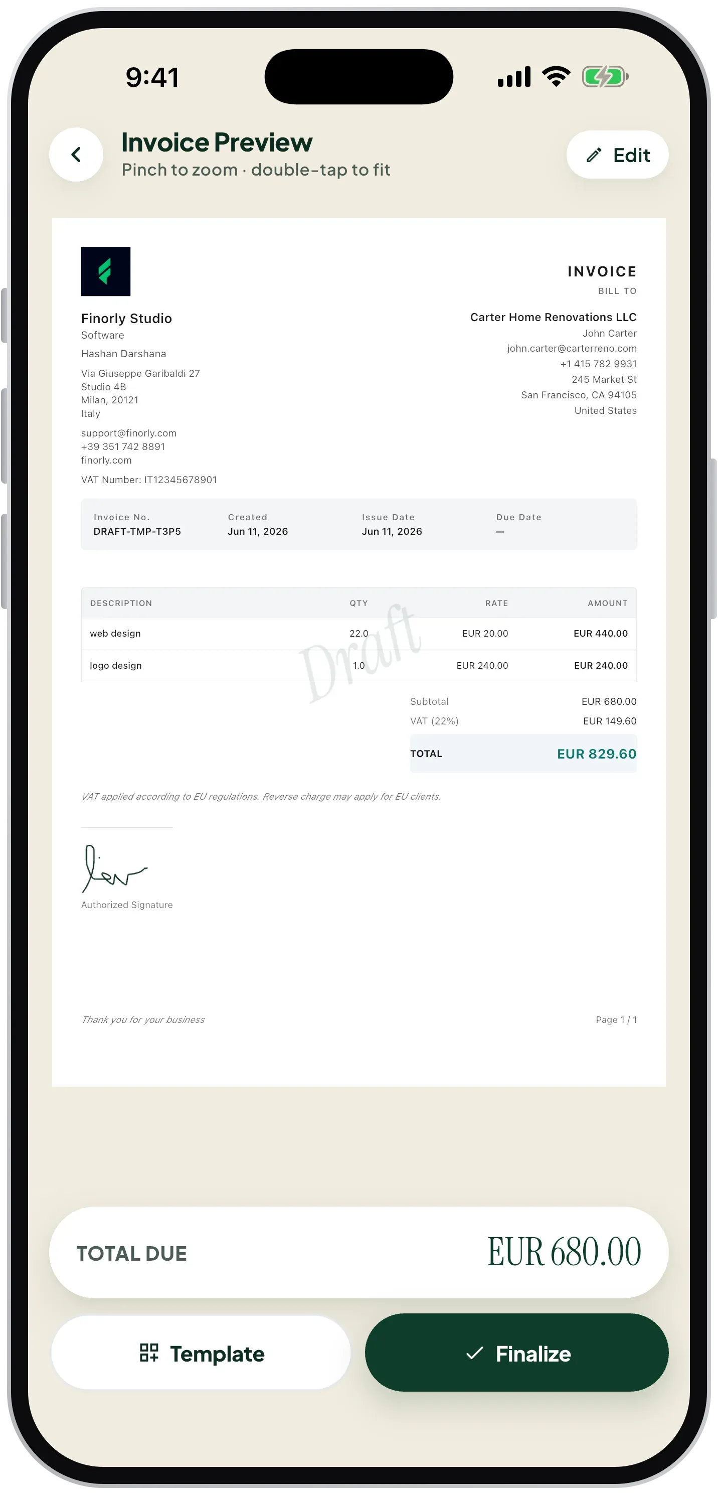 Polished invoice preview in Finorly AI Invoice Maker