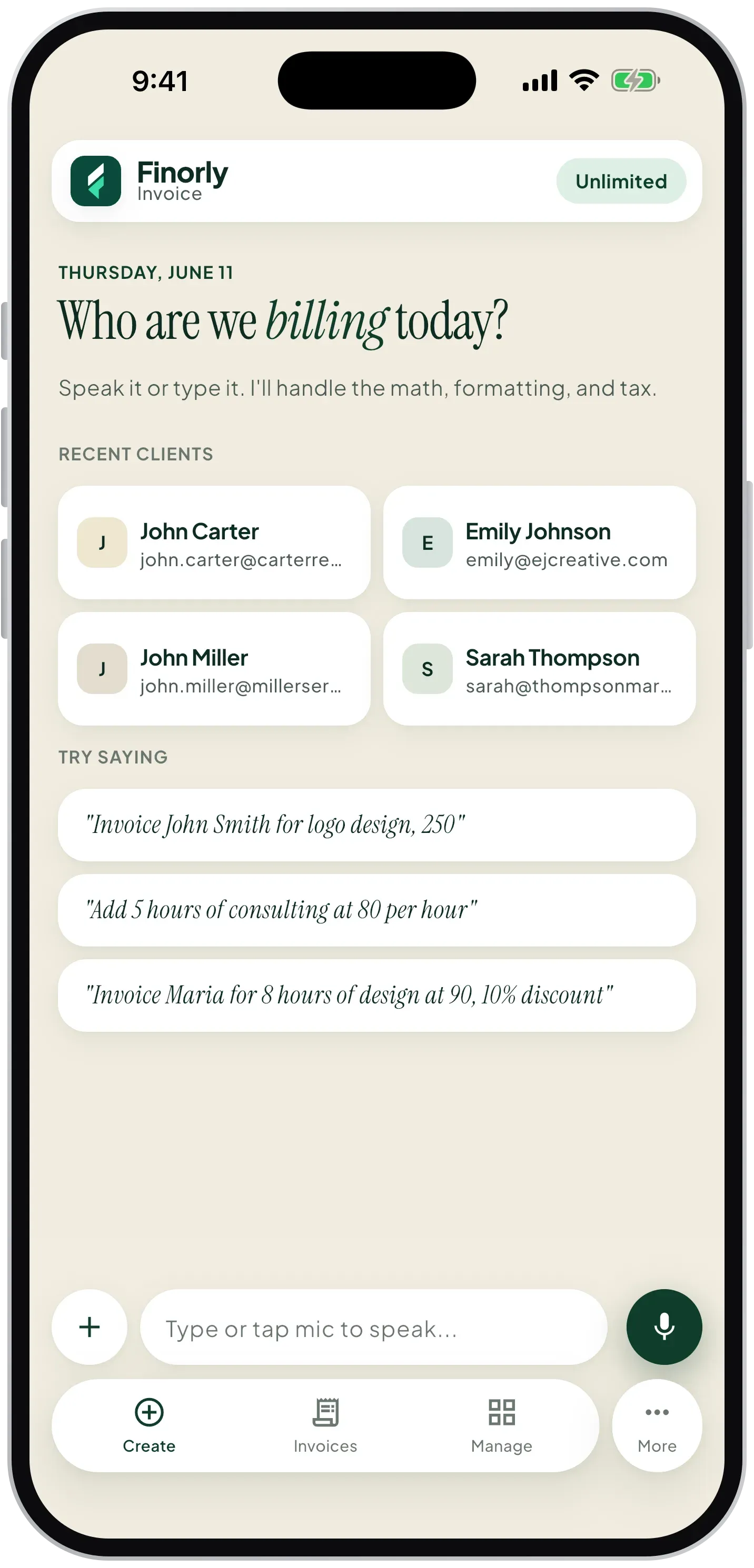 Voice capture screen in Finorly AI Invoice Maker