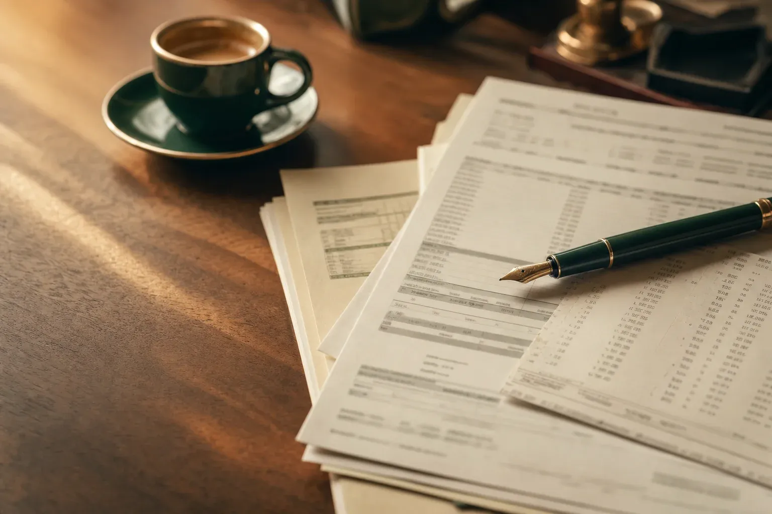 Paper invoices with a fountain pen and espresso cup on a wooden desk