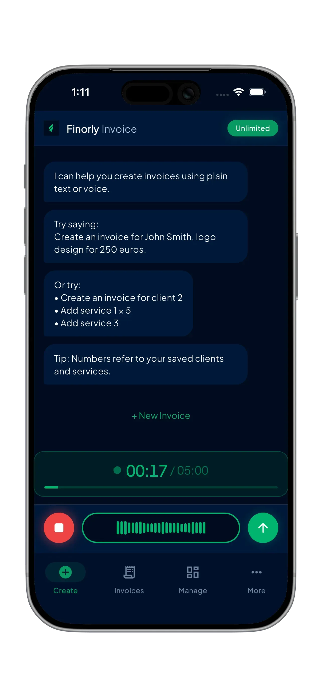 Voice capture screen in Finorly AI Invoice Maker