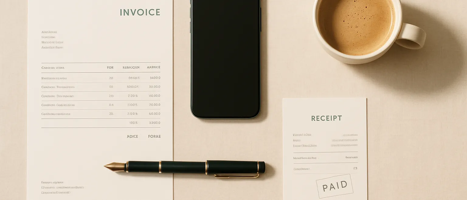 A printed invoice and a small paid receipt side by side on a cream desk
